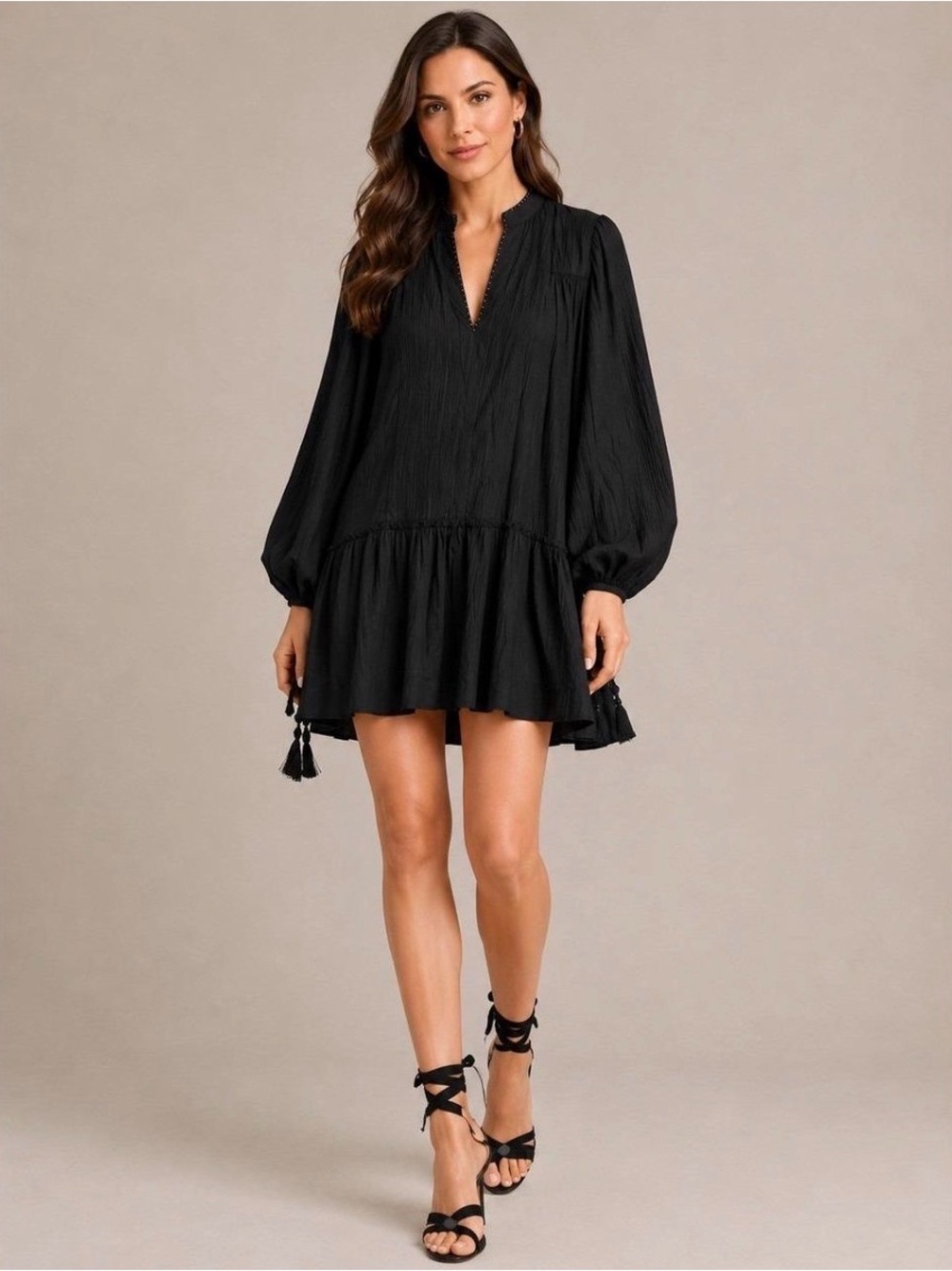 Tuckernuck Pomander Place Black Ophelia Tassel Ling Sleeve Mini Dress Tunic L
